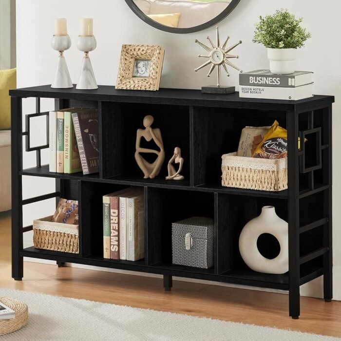 HOMISSUE Cube Storage Organizer Shelf, 3-Tier Rustic Short Wide Bookshelf, Industrial Horizontal Bookshelf with 7 Cube Storage, Low Cube Bookcase for Living Room, Office,...