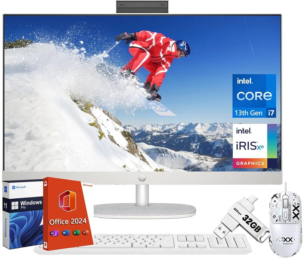 HP 27 Newest All-in-One Desktop Computer, MS Office Pro 2024 Lifetime License, Intel 10-Core i7-1355U, 32 GB RAM, 1 TB SSD, Intel Iris Xe Graphics, Wi-Fi 6, Win 11 Pro, Wireless…