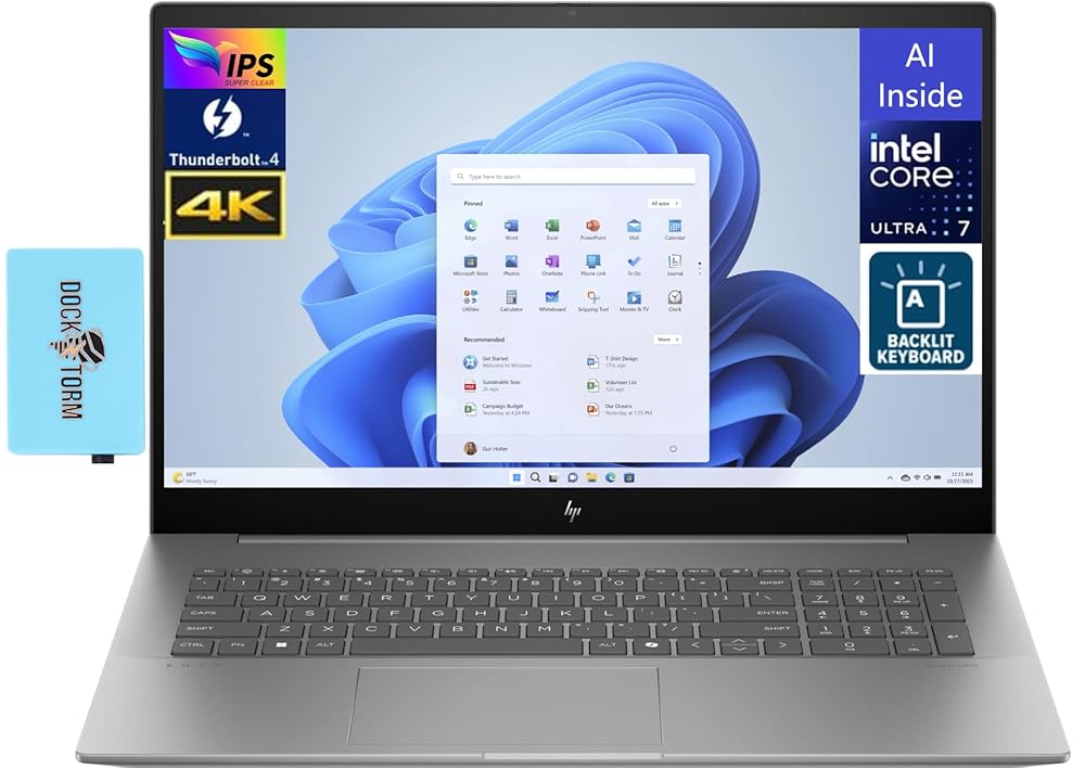HP Envy 17t AI Laptop 17.3″ 4K UHD IPS Display (Intel Ultra 7-155H Upto 4.8 GHz, 16GB RAM, 512GB PCIe SSD, Backlit KYB, 2 Thunderbolt 4, WiFi 6E, BT 5.3, Webcam, Win 11 Pro)…