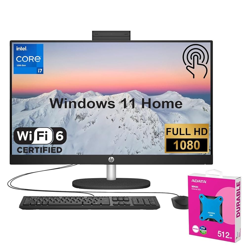 HP Essential All-in-One Desktop, 27″ FHD Touchscreen, Intel Core i7-1355U, 32GB RAM, 1TB PCIe SSD, Wi-Fi 6, Wired Keyboard & Mouse, Windows 11 Home, Black, with Adata 512GB…