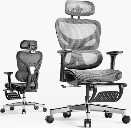 Huuger Ergonomic Office Chair with Footrest, Mesh Office Chair with Multi-tilt Angle Backrest, Comfortable Gaming Chair with Adjustable Lumbar Support, Headrest, 3D Armrest,...