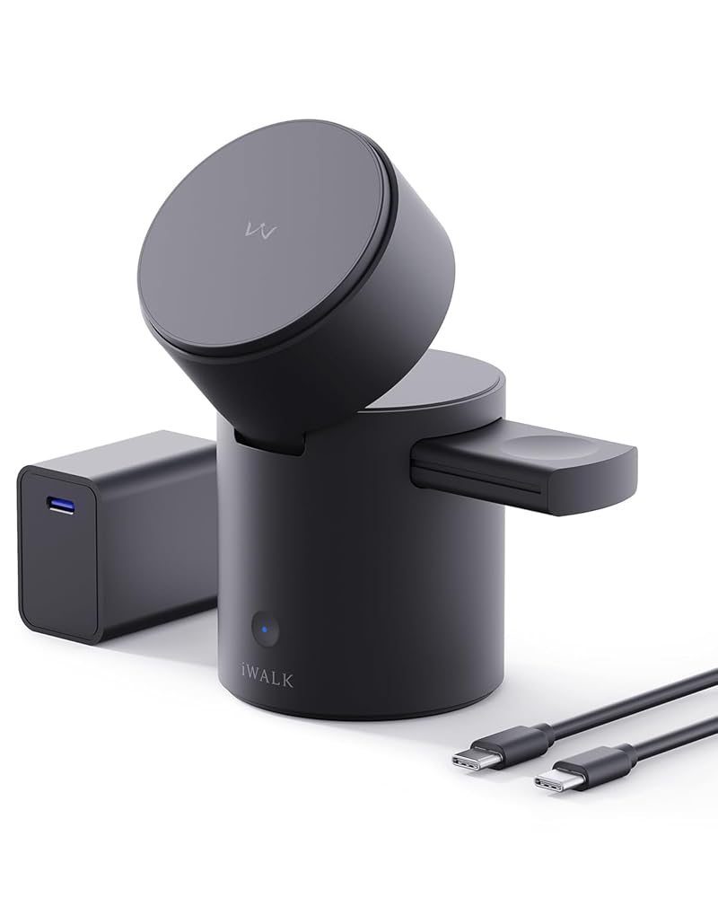 iWALK 3 in 1 Wireless Charging Stand with Auto Rotation, Charging Station with Magnet for Apple Devices, 15W Foldable Wireless Charger Station for iPhone 16 15 14 13 12 & Apple…