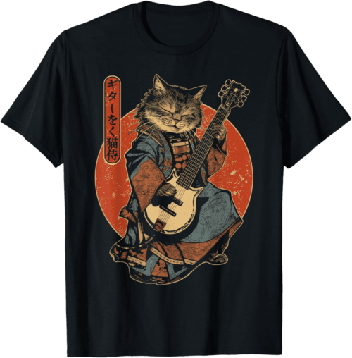 Japanese Samurai Cat Playing The Electric Guitar T-Shirt