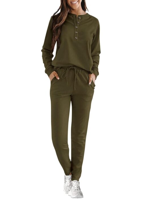 KIRUNDO Womens Sweatsuits 2 Piece Set 2024 Fall Winter Button Henley Sweatshirt Drawstring Pants Lounge Sets with Pockets