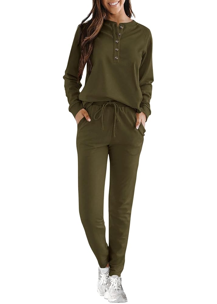 KIRUNDO Womens Sweatsuits 2 Piece Set 2024 Fall Winter Button Henley Sweatshirt Drawstring Pants Lounge Sets with Pockets