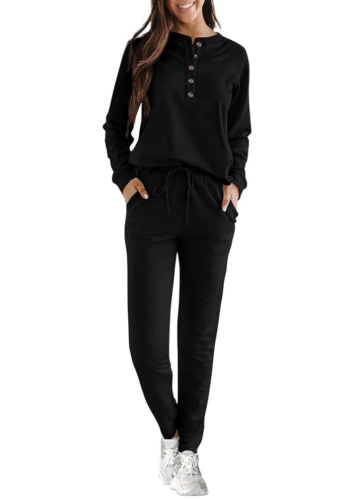 KIRUNDO Womens Sweatsuits 2 Piece Set 2024 Fall Winter Button Henley Sweatshirt Drawstring Pants Lounge Sets with Pockets