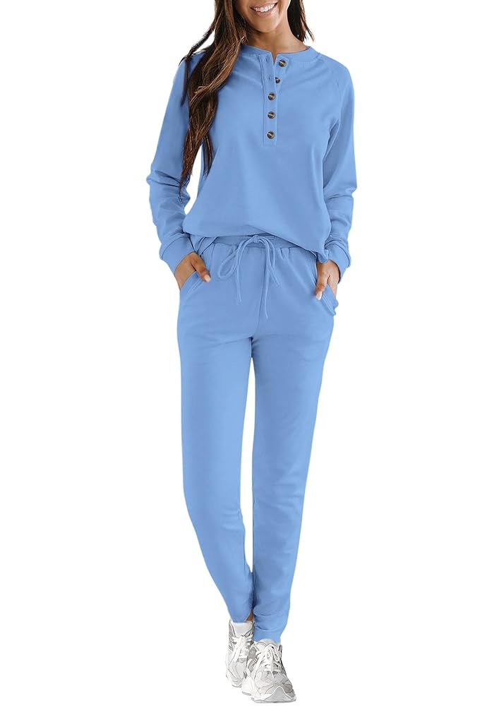 KIRUNDO Womens Sweatsuits 2 Piece Set 2024 Fall Winter Button Henley Sweatshirt Drawstring Pants Lounge Sets with Pockets