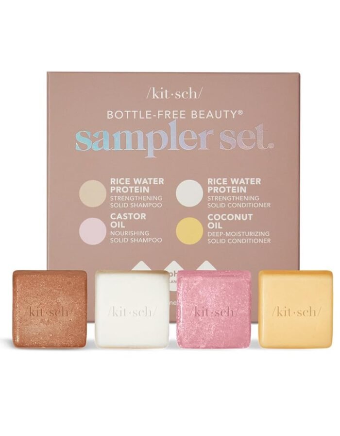 Kitsch 4pc Sampler Solid Shampoo and Conditioner Bar Set - Rice Bar Shampoo and Conditioner Bar, Castor Oil Shampoo Bar & Coconut Oil Deep-Moisturizing Hair Conditioner Bar,...