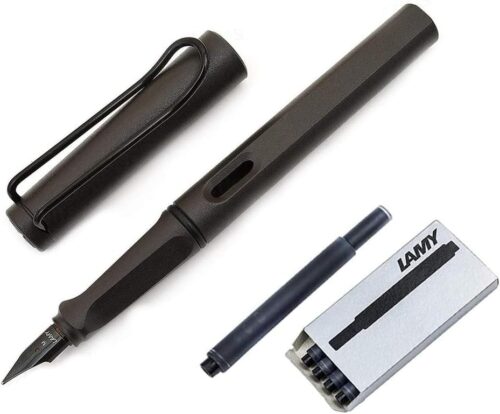 Lamy Safari Fountain Pen, Medium Nib + 5 Black Ink Cartridges (Matte Black)