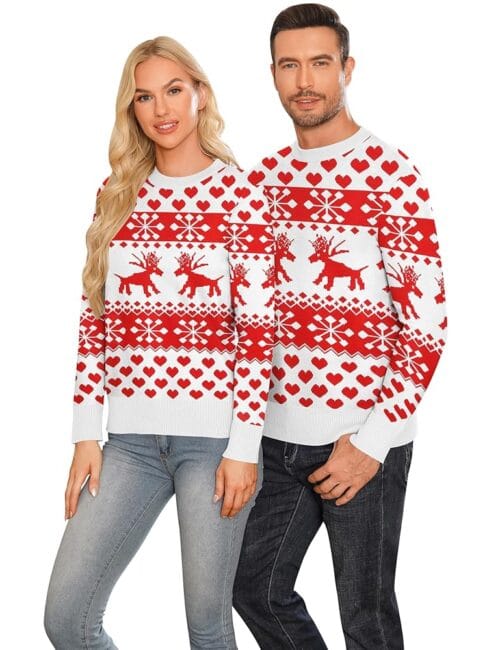 LecGee Couple Matching Christmas Sweaters Xmas Ugly Reindeer Snowflakes Knitted Pullover for Men Women