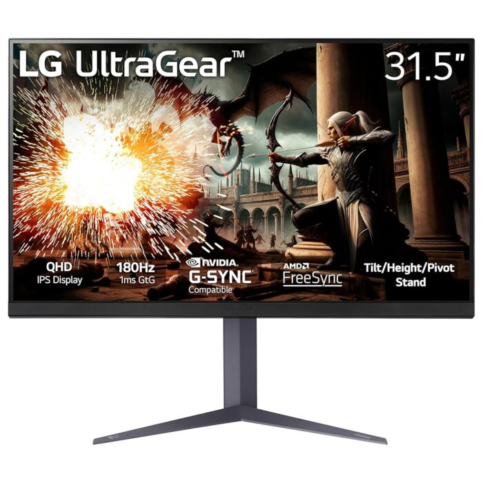 LG 32" Ultragear QHD (2560x1440) Gaming Monitor, 180Hz, 1ms, IPS, DisplayHDR 400, NVIDIA G-SYNC Compatible, AMD FreeSync, VESA Adaptive Sync, HDR10, Tilt/Height/Pivot Stand,...