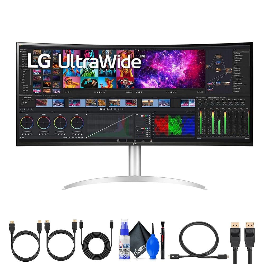 LG UltraWide 40WP95C-W (5120 x 2160) 39.7″ 21:9 Curved FreeSync 5K2K HDR IPS Monitor (40WP95C-W) + Cleaning Kit + USBC Cable + HDMI Cable