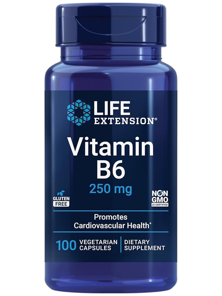 Life Extension Vitamin B6, 250 mg, high Potency, Cardiovascular Health, neurological Health, Eye Health, Healthy Kidney Function, Gluten-Free, Non-GMO, Vegetarian, 100 Capsules