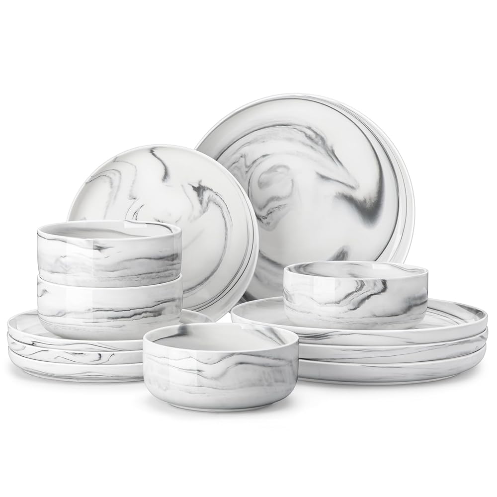 MALACASA Plates and Bowls Sets, 12 Pieces Porcelain Dinnerware Sets Dishware Sets Chip Resistant Ceramic Dish Set Dining Dinner Ware Service for 4, Marble Grey, Series LUNA