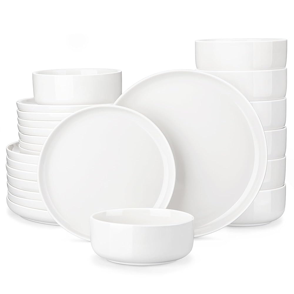 MALACASA Plates and Bowls Sets, 24 Pieces Modern Porcelain Dinnerware Set for 8, Ceramic Dishware Dishes White Kitchen Dinner Dining Ware Set, Microwave and Dishwasher Safe,…