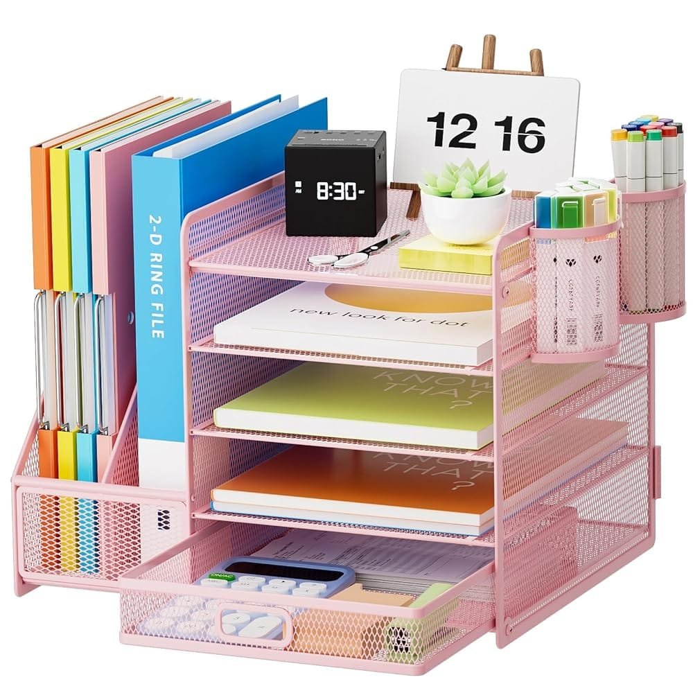 Marbrasse Desk Organizer with File Holder, 5-Tier Paper Letter Tray Organizer with Drawer and 2 Pen Holder, Mesh Desktop Organizer and Storage with Magazine Holder for Office...