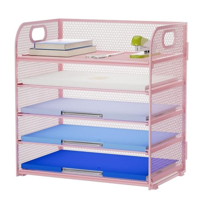Marbrasse Paper Organizer Letter Tray, 5 Tier Mesh File Organizer with Handle, Paper Sorter Desk Organizer for Home Office Supplies - Pink…