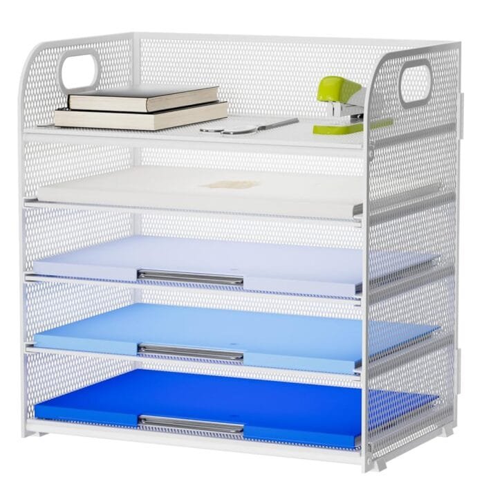 Marbrasse Paper Organizer Letter Tray, 5 Tier Mesh File Organizer with Handle, Paper Sorter Desk Organizer for Home Office Supplies - White
