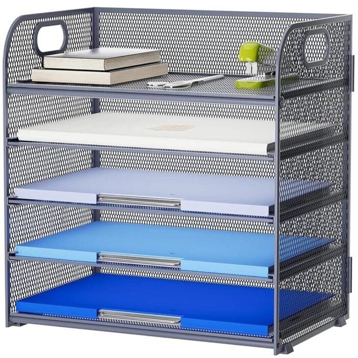 Marbrasse Paper Organizer Letter Tray, 5 Tier Mesh File Organizer with Handle, Paper Sorter Desk Organizer for Home Office Supplies - Grey