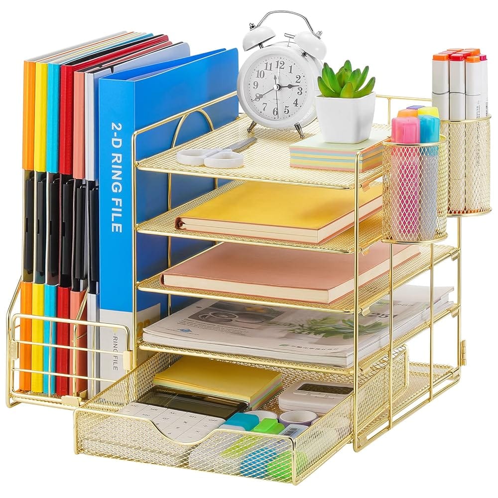 Marbrasse Rose Gold Desk Organizer with File Holder, 5-Tier Paper Letter Tray Organizer with Drawer and 2 Pen Holder, Mesh Desktop Organizer and Storage with Magazine Holder for…