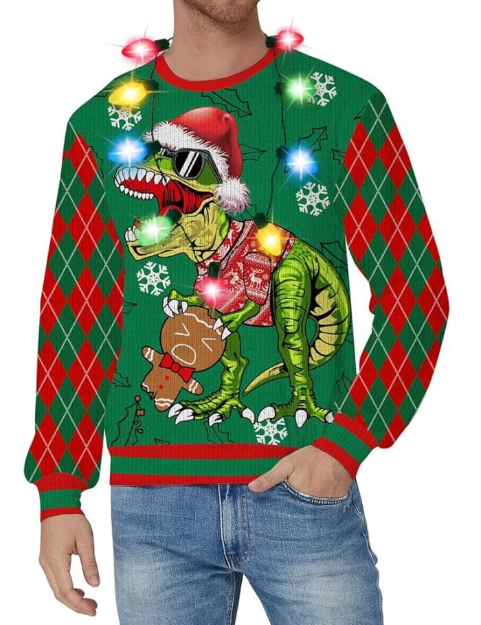 Men Ugly Christmas Sweater Light-up Reindeer Snowflakes Knitted Crewneck Pullover Jumpers with Led String Lights