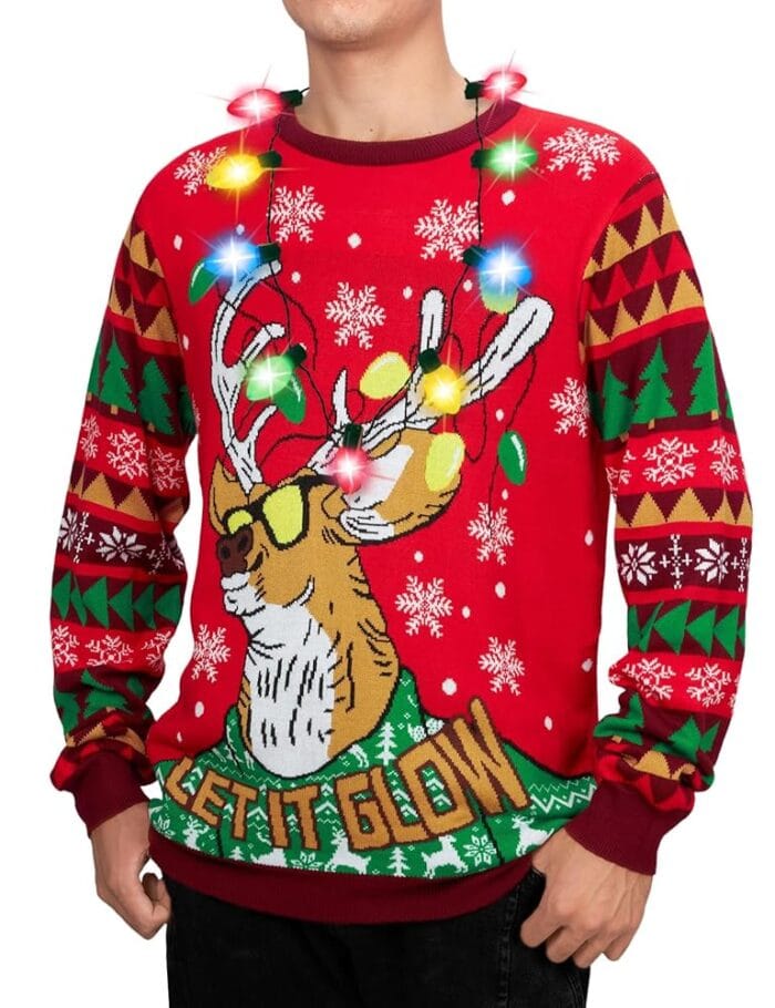 Men Ugly Christmas Sweater Light-up Reindeer Snowflakes Knitted Crewneck Pullover Jumpers with Led String Lights