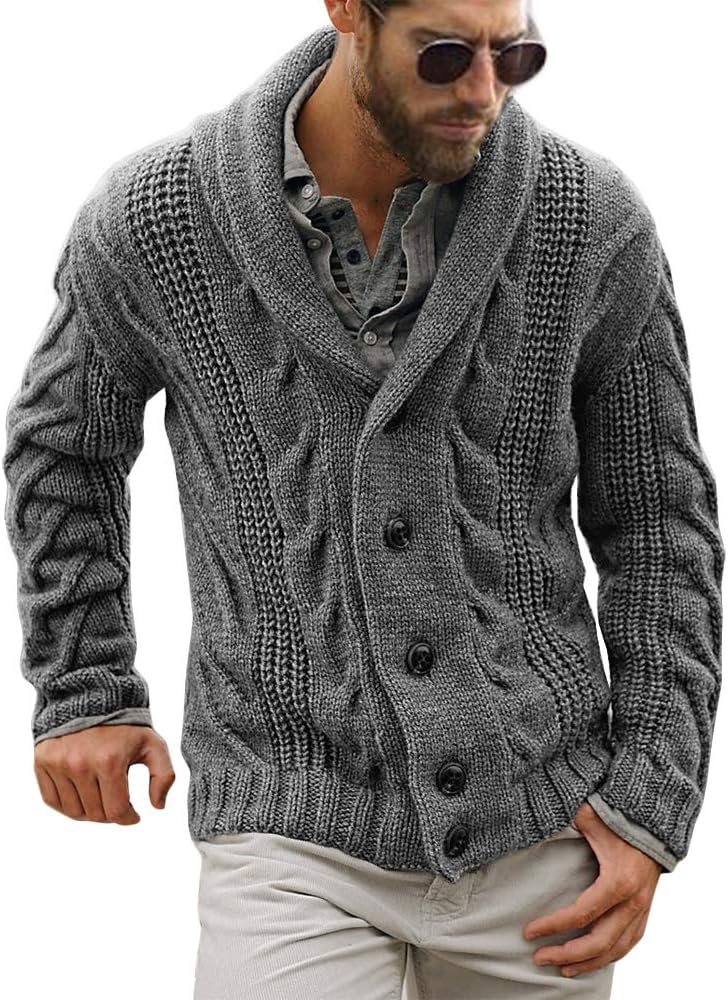 Mens Cable Knit Cardigan Sweater Shawl Collar Loose Fit Long Sleeve Casual Cardigans