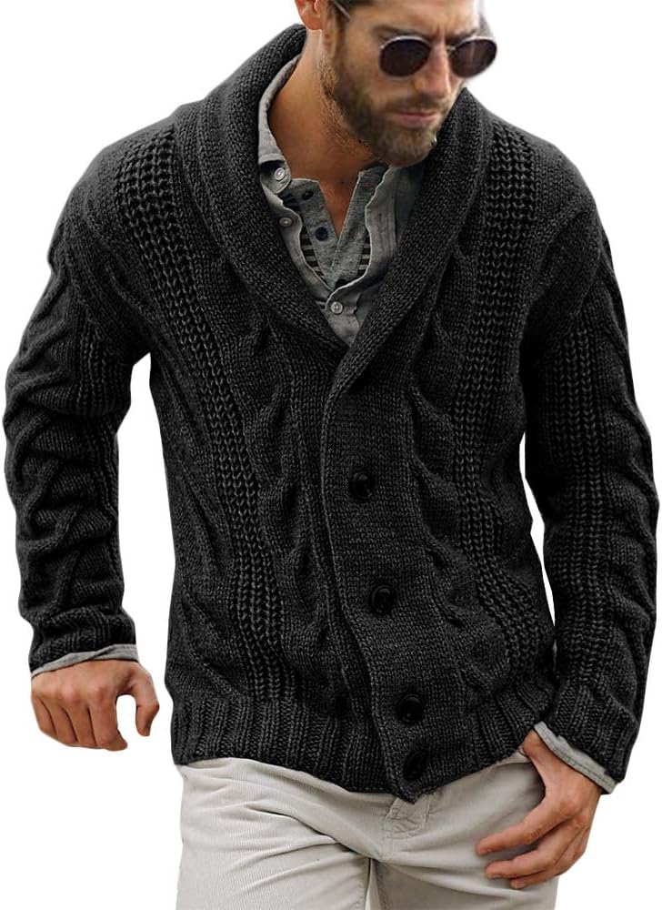 Mens Cable Knit Cardigan Sweater Shawl Collar Loose Fit Long Sleeve Casual Cardigans