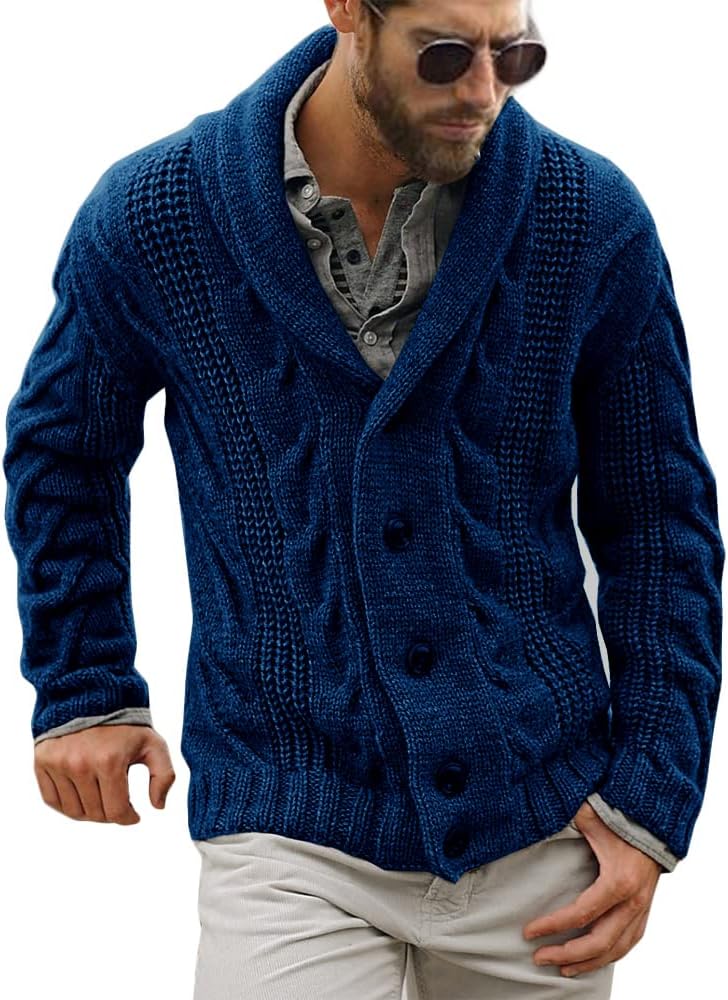 Mens Cable Knit Cardigan Sweater Shawl Collar Loose Fit Long Sleeve Casual Cardigans