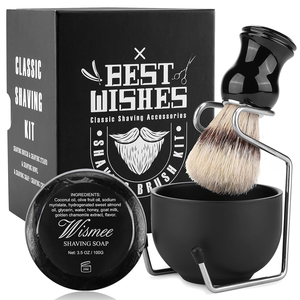 Men’s Shaving Brush Set Boar Bristle Hair Shaving Brush, Stainless Steel Shaving Bowl & Stand, 3.5Oz Shaving Soap Wet Shaving Cleaning Tool Birthday Father Day Gifts for Him Men