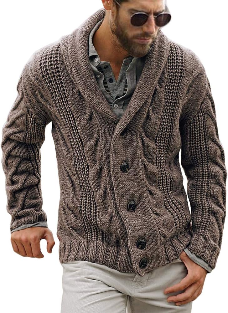 Mens Shawl Collar Cardigan Sweater Cable Knit Button Chunky Long Sleeve Winter Fisherman Casual Cardigans