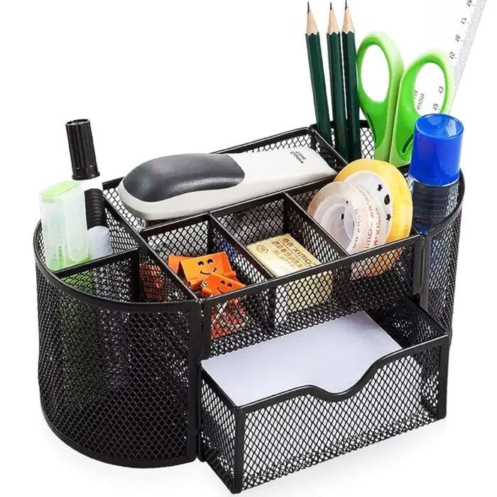 Mesh Desk Organizer Desktop Office Supplies Multi-functional Caddy Pen Holder Stationery with 8 Compartments and 1 Drawer for Office, Home, School, Classroom (Black)
