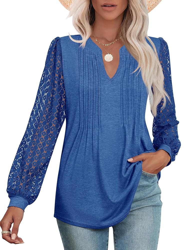 Micoson Womens Lace Long Sleeve Tops V Neck Pleated Blouses Dressy Casual Work Shirts