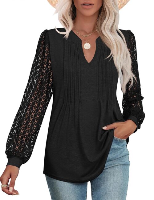 Micoson Womens Lace Long Sleeve Tops V Neck Pleated Blouses Dressy Casual Work Shirts