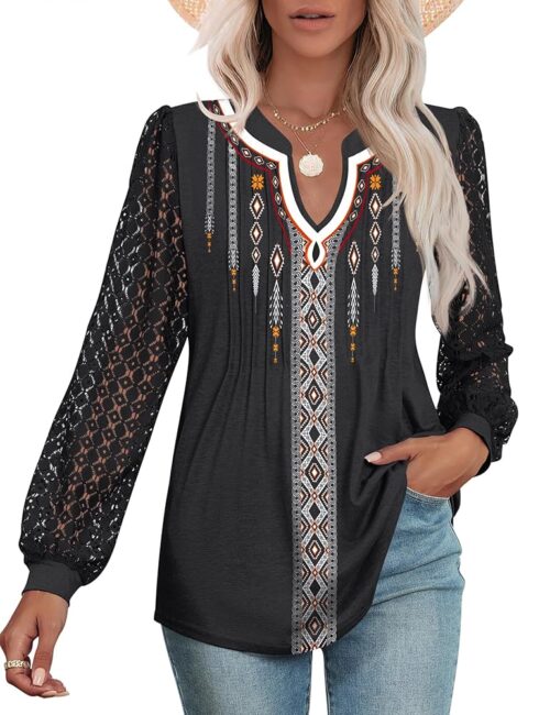 Micoson Womens Lace Long Sleeve Tops V Neck Pleated Blouses Dressy Casual Work Shirts