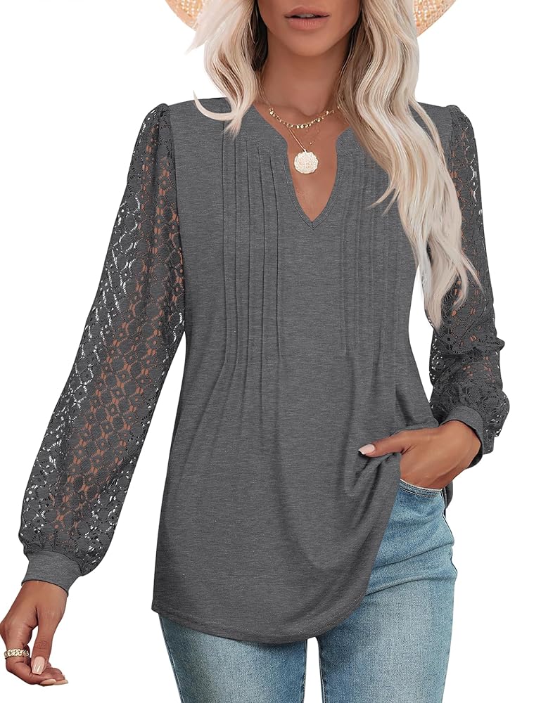 Micoson Womens Lace Long Sleeve Tops V Neck Pleated Blouses Dressy Casual Work Shirts
