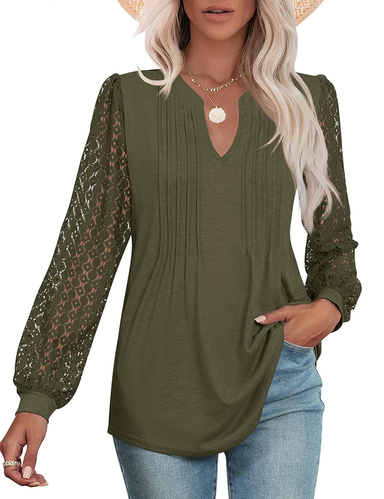 Micoson Womens Lace Long Sleeve Tops V Neck Pleated Blouses Dressy Casual Work Shirts