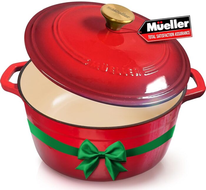 Mueller 6 Qt Enameled Cast Iron Dutch Oven, Heavy-Duty Casserole Dish and Braiser Pan with Lid and Stainless Knob, Safe for All Cooktops