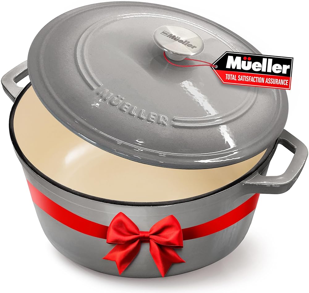 Mueller 6 Quart Enameled Cast Iron Dutch Oven, Heavy-Duty Casserole and Braiser Pan with Lid and Knob, Safe for All Cooktops