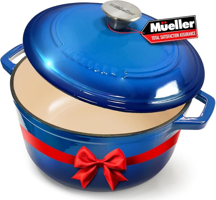 Mueller 6qt Enameled Cast Iron Dutch Oven, Heavy-Duty Casserole and Braiser Pan with Lid and Knob, Safe for All Cooktops, Aqua Blue