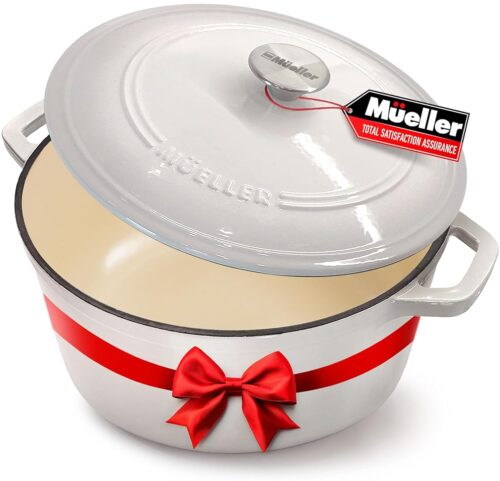 Mueller Cast Iron Dutch Oven Pot with Lid - 6 Quart Enameled, Dual Handles, Stainless Steel Knob, Stew Pot, Induction Pot - For Braising, Roasting, Baking - Cast Iron Bread Pan...