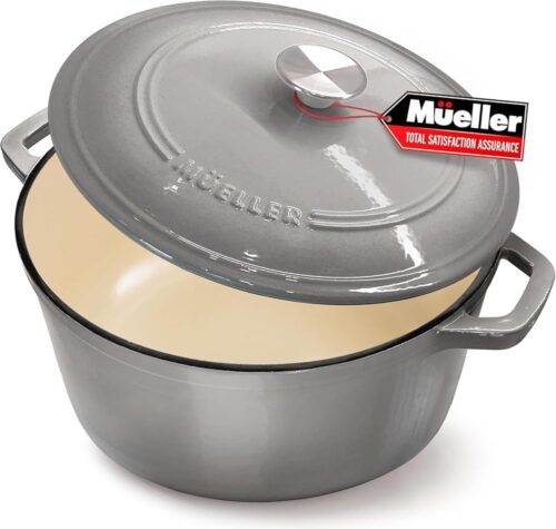 MÜELLERHOME 4.5 QT Enameled Cast Iron Dutch Oven, Heavy-Duty Casserole Dish and Braiser Pan with Lid and Stainless Knob, Safe for All Cooktops, Grey