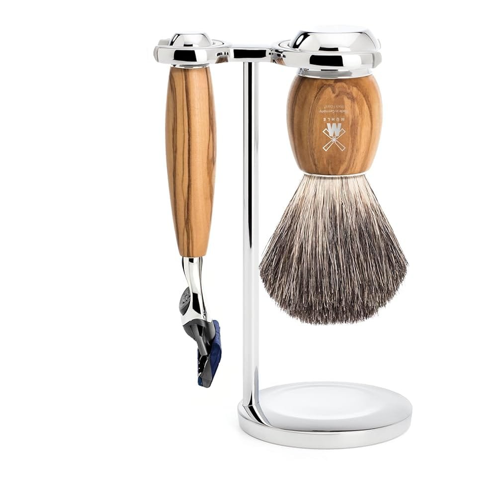 MÜHLE VIVO Olive Wood 3-Piece Pure Badger 5-Blade Razor Shaving Set