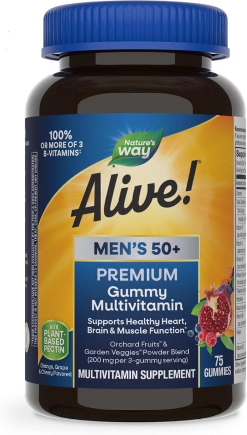 Nature’s Way Alive! Men’s 50+ Premium Gummy Multivitamin, Supports Healthy Heart, Brain & Muscle Function*, B-Vitamins, Vegetarian, Grape, Orange and Cherry Flavored, 75 Gummies...