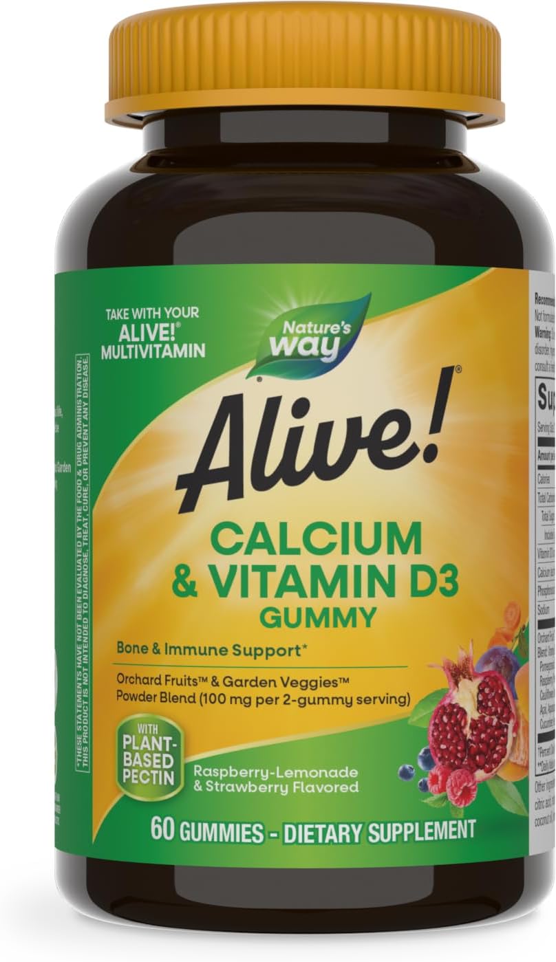 Nature’s Way Alive! Daily Calcium & Vitamin D3 Gummies, Bone Support*, Immune Support*, Strawberry and Raspberry- Lemonade Flavored, 60 Gummies (Packaging May Vary)