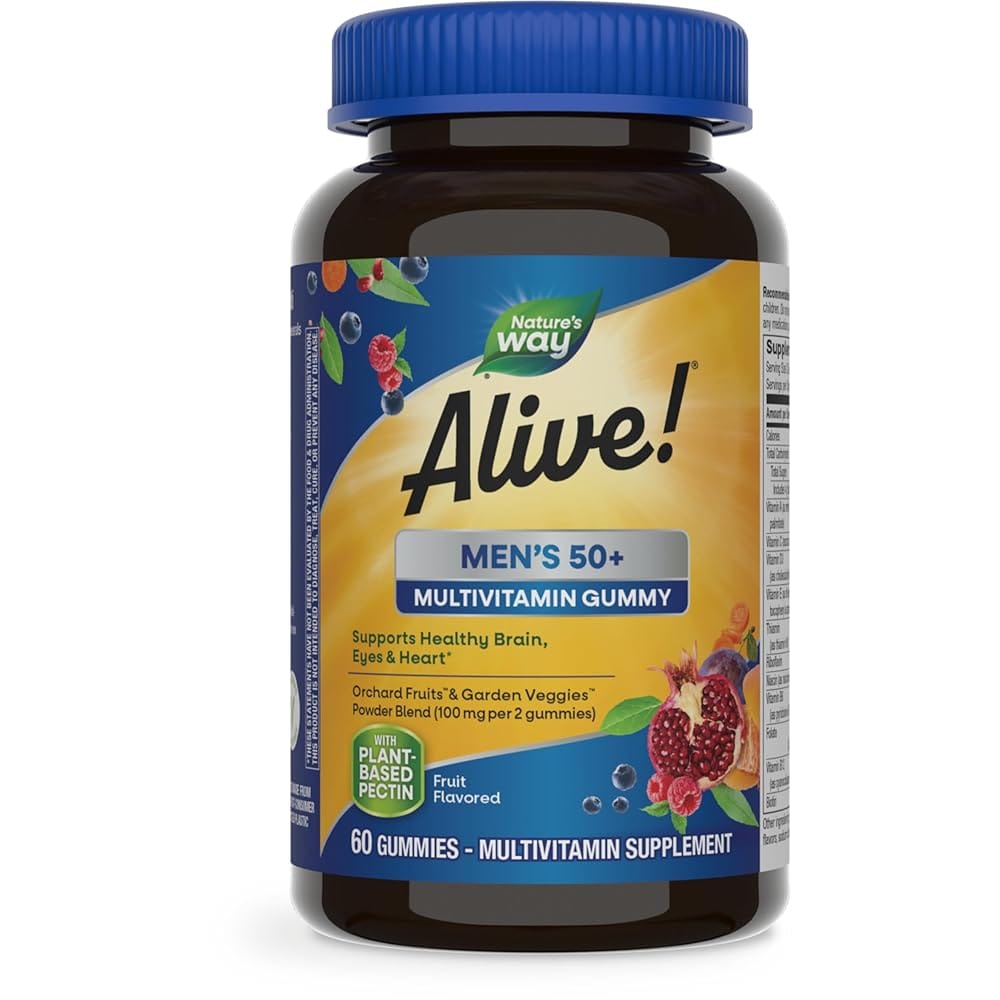 Nature’s Way Alive! Men’s 50+ Daily Gummy Multivitamins, Supports Healthy Brain, Eyes, Heart*, B-Vitamins, Gluten-Free, Vegetarian, Fruit Flavored, 60 Gummies (Packaging May Vary)
