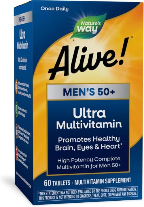 Nature's Way Alive! Men’s 50+ Daily Ultra Multivitamin, High Potency Formula, Supports Healthy Brain, Eyes & Heart*, with Methylated B12, Gluten-Free, 60 Tablets (Packaging May...