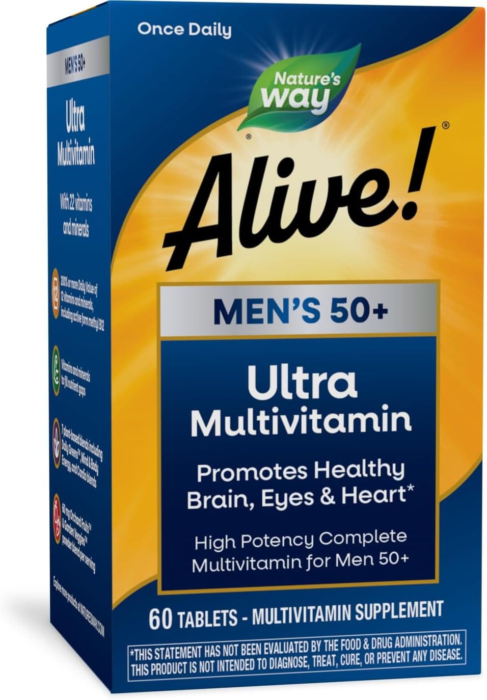 Nature’s Way Alive! Men’s 50+ Daily Ultra Multivitamin, High Potency Formula, Supports Healthy Brain, Eyes & Heart*, with Methylated B12, Gluten-Free, 60 Tablets (Packaging May…
