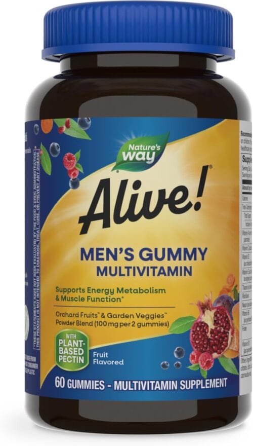 Nature's Way Alive! Men's Daily Gummy Multivitamin, Supports Energy Metabolism*, Muscle Function*, B-Vitamins, B-Vitamins, Gluten-Free, Vegetarian, Fruit Flavored, 60 Gummies...