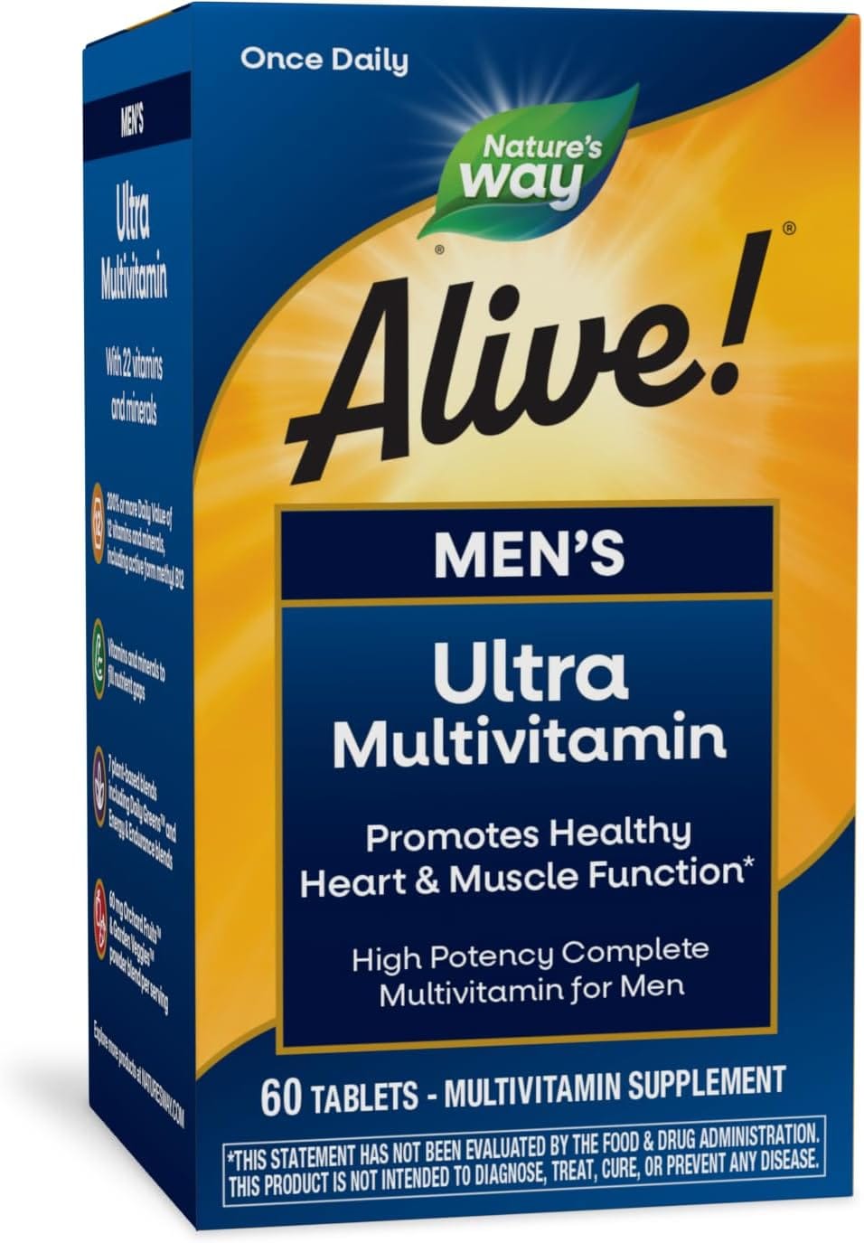Nature’s Way Alive! Men’s Daily Ultra Multivitamin, High Potency Formula, Promotes Healthy Heart & Muscle Function*, with Methlyated B12, Gluten Free, 60 Tablets (Packaging May…